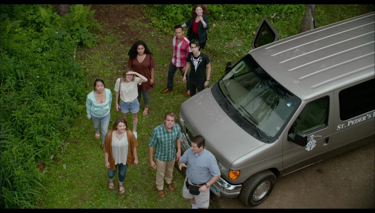 Nick Offerman, Alex Wolff, Asa Butterfield, and Maude Apatow in The House of Tomorrow (2017)