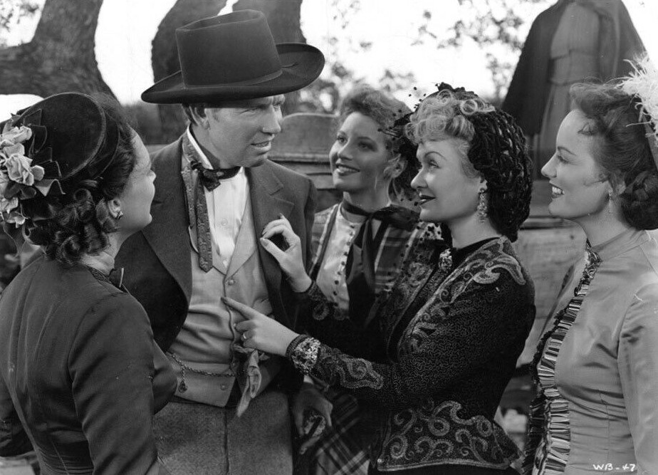 Constance Bennett, Julie Bishop, Bruce Cabot, Lucia Carroll, and Faye Emerson in Wild Bill Hickok Rides (1942)