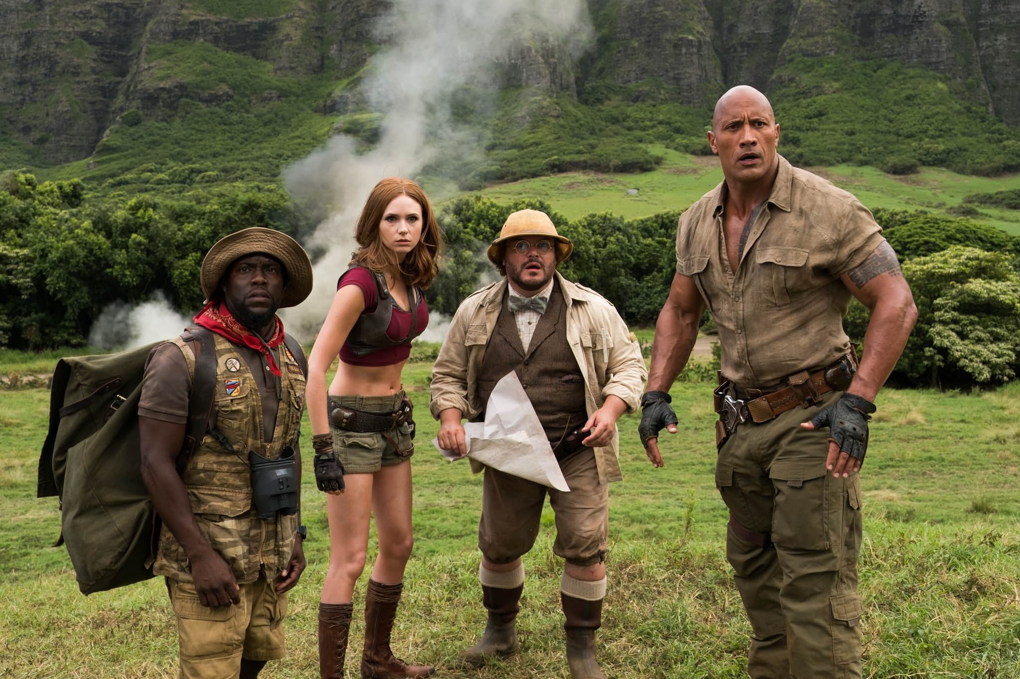 Jack Black, Kevin Hart, Dwayne Johnson, and Karen Gillan in Jumanji: Welcome to the Jungle (2017)