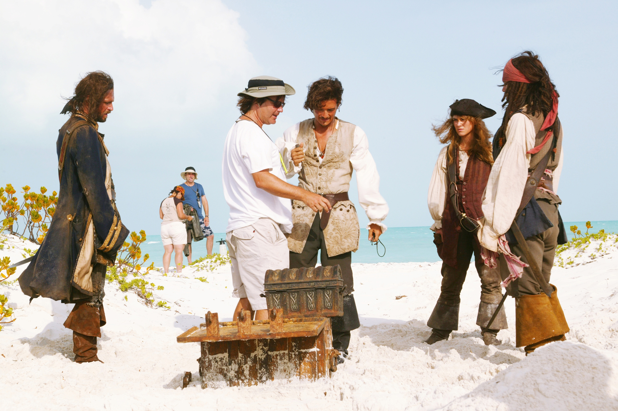 Johnny Depp, Orlando Bloom, Jack Davenport, Keira Knightley, and Gore Verbinski in Pirates of the Caribbean: Dead Man's Chest (2006)