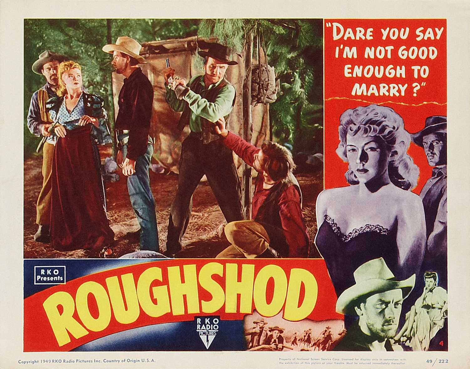 Gloria Grahame, Myrna Dell, Martha Hyer, John Ireland, Sean McClory, Steve Savage, Robert Sterling, and Robert B. Williams in Roughshod (1949)