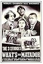 Moe Howard, Larry Fine, Curly Howard, and Suzanne Kaaren in What's the Matador? (1942)