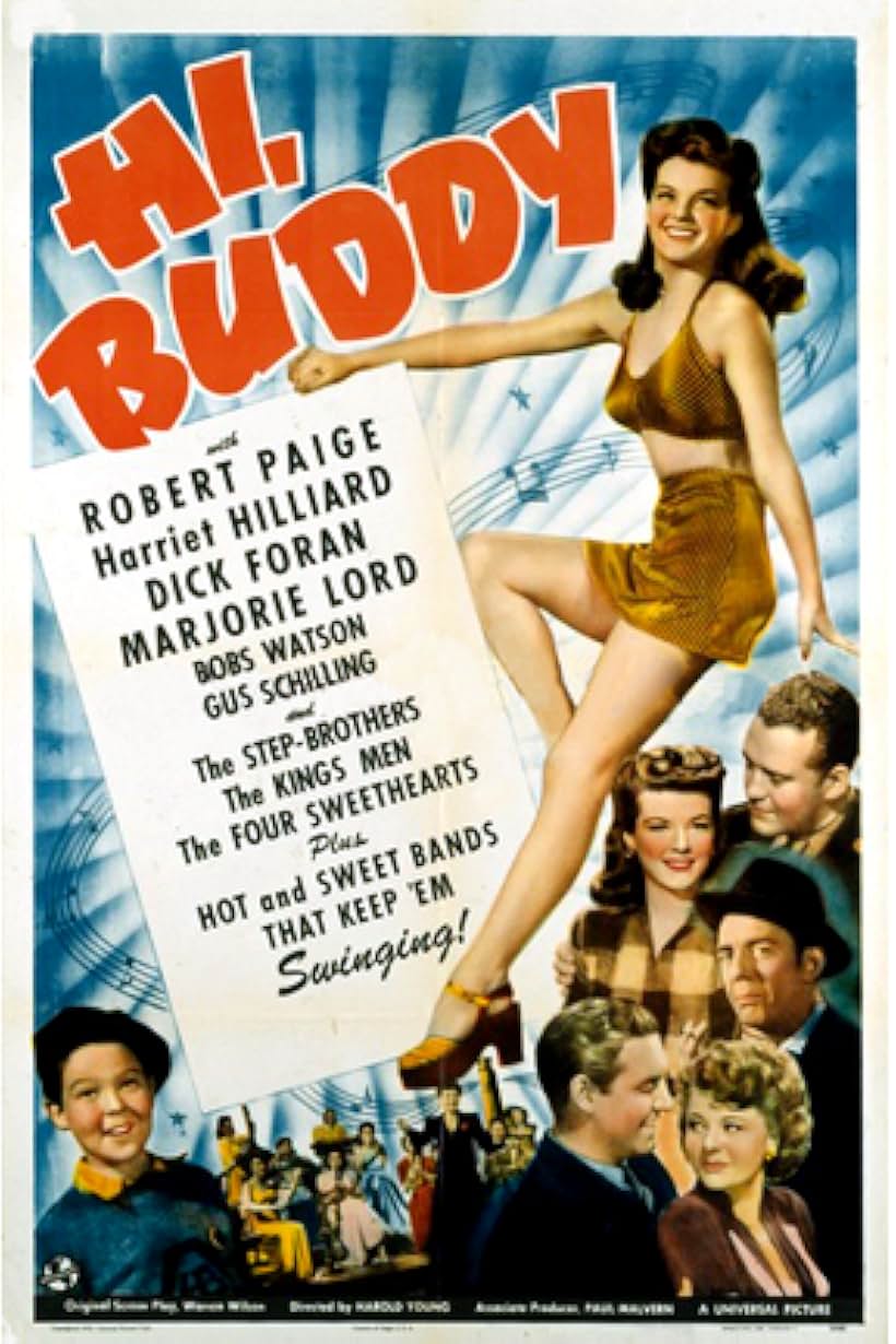 Dick Foran, Harriet Nelson, Marjorie Lord, Robert Paige, Gus Schilling, and Bobs Watson in Hi, Buddy (1943)