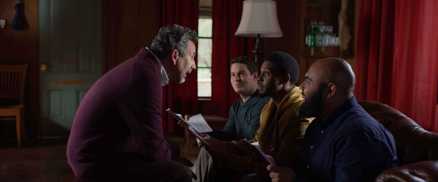 Murder Bury Win (Feature Film) - Left to Right: Craig Cakowski as Mysterious Man, Erich Lane as Adam, Mikelen Walker as Chris, Henry Kelly as Barret