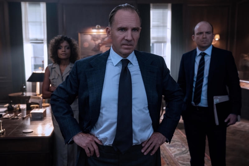 Ralph Fiennes, Naomie Harris, and Rory Kinnear in No Time to Die (2021)