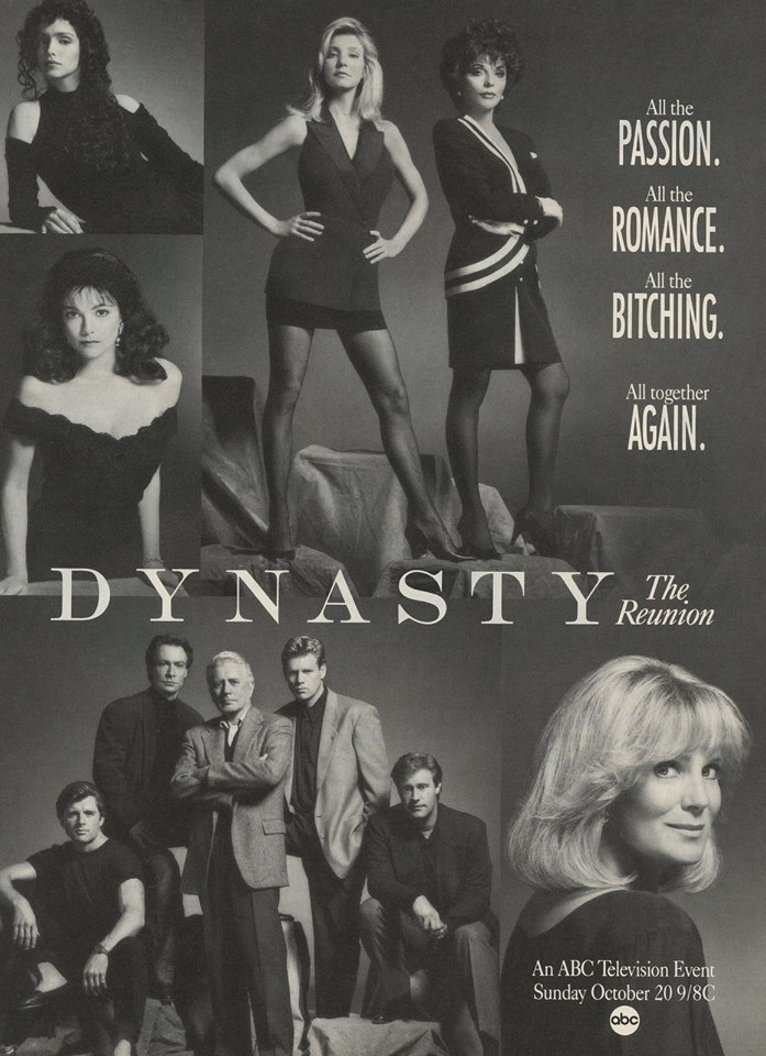 Heather Locklear, Joan Collins, John Forsythe, Linda Evans, Al Corley, John James, and Emma Samms in Dynasty: The Reunion (1991)