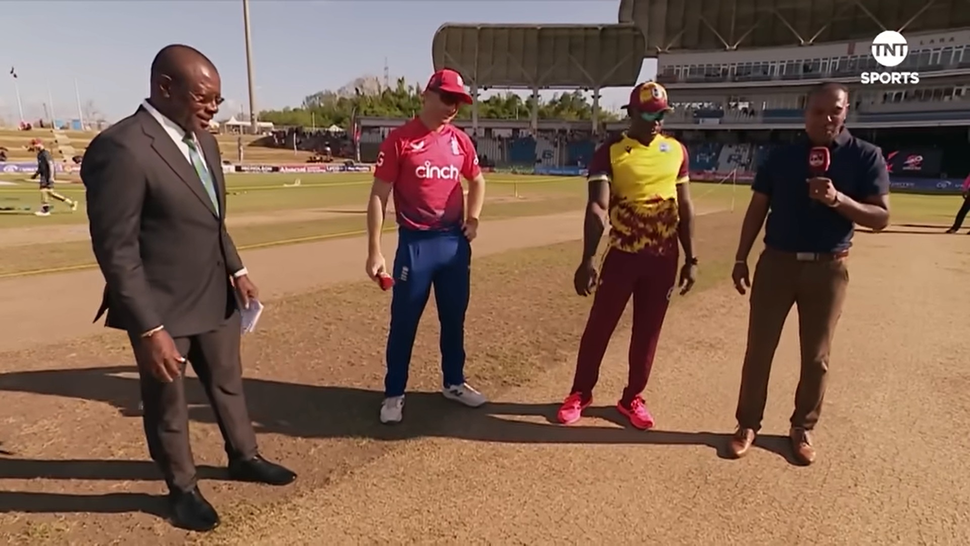 Jos Buttler, Samuel Badree, Rovman Powell, and Richie Richardson in West Indies vs England, CG United 5th T20 International (2023)