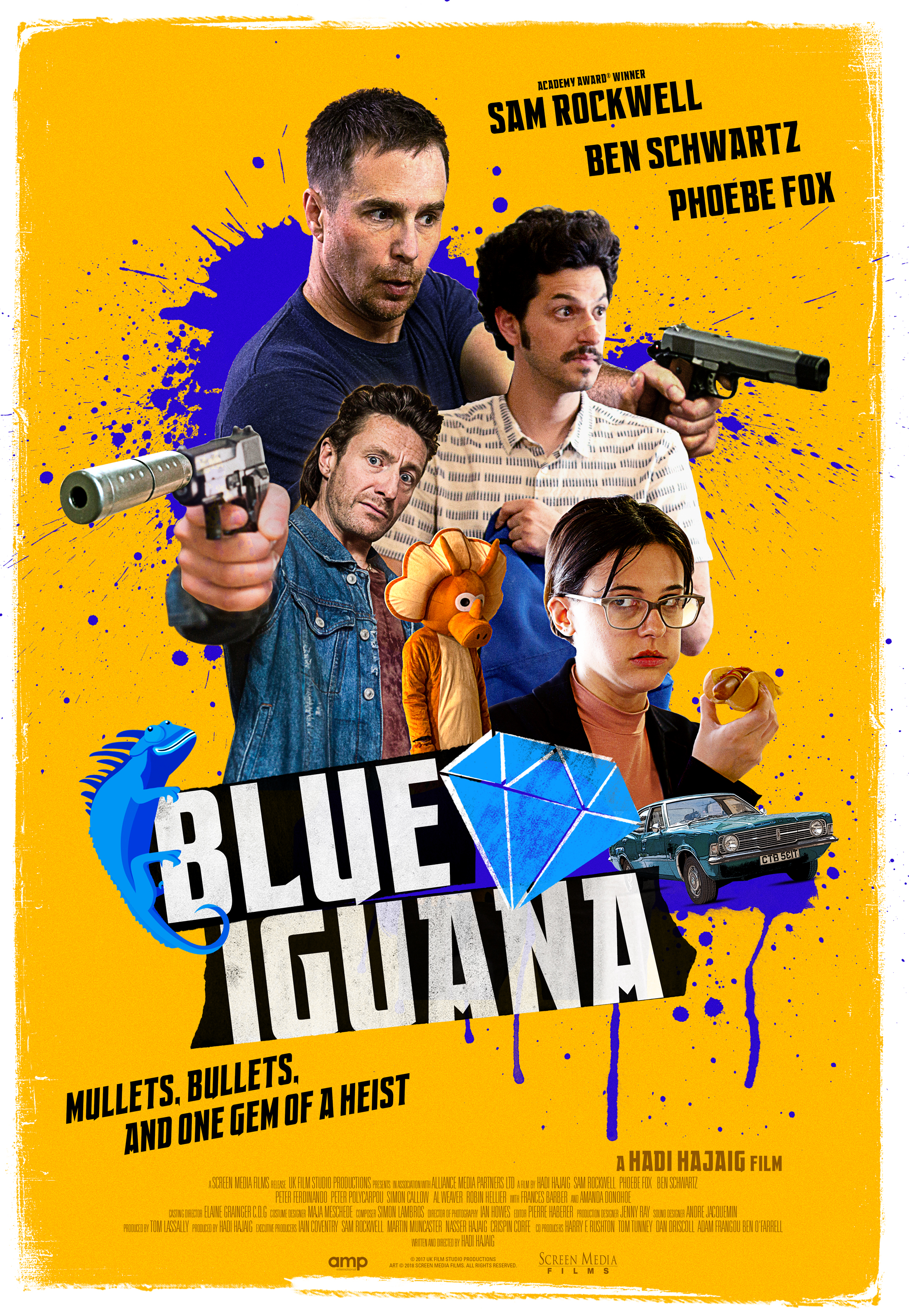 Sam Rockwell, Peter Ferdinando, Ben Schwartz, and Phoebe Fox in Blue Iguana (2018)