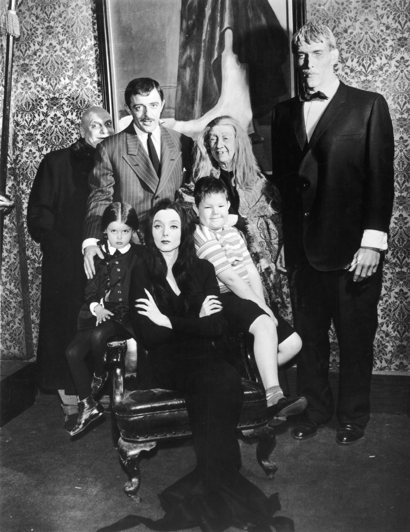 Jackie Coogan, John Astin, Marie Blake, Ted Cassidy, Carolyn Jones, Lisa Loring, and Ken Weatherwax in The Addams Family (1964)