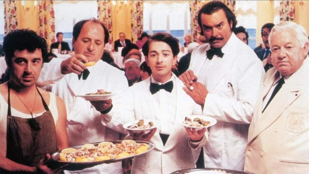 Diego Abatantuono, Antonio Catania, Marco Messeri, Enrico Salimbeni, and Paolo Villaggio in Camerieri (1995)