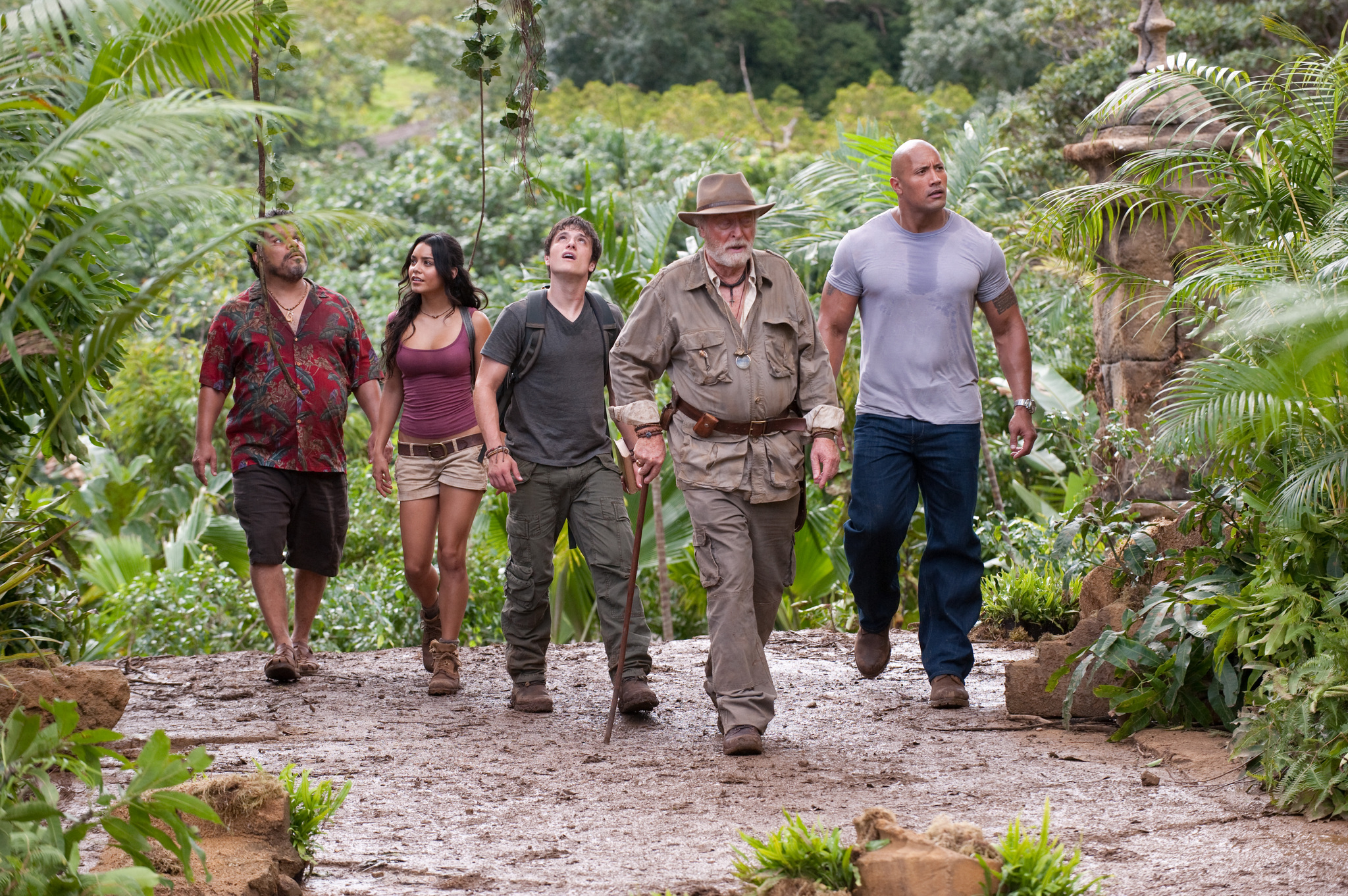 Michael Caine, Luis Guzmán, Dwayne Johnson, Vanessa Hudgens, and Josh Hutcherson in Journey 2: The Mysterious Island (2012)