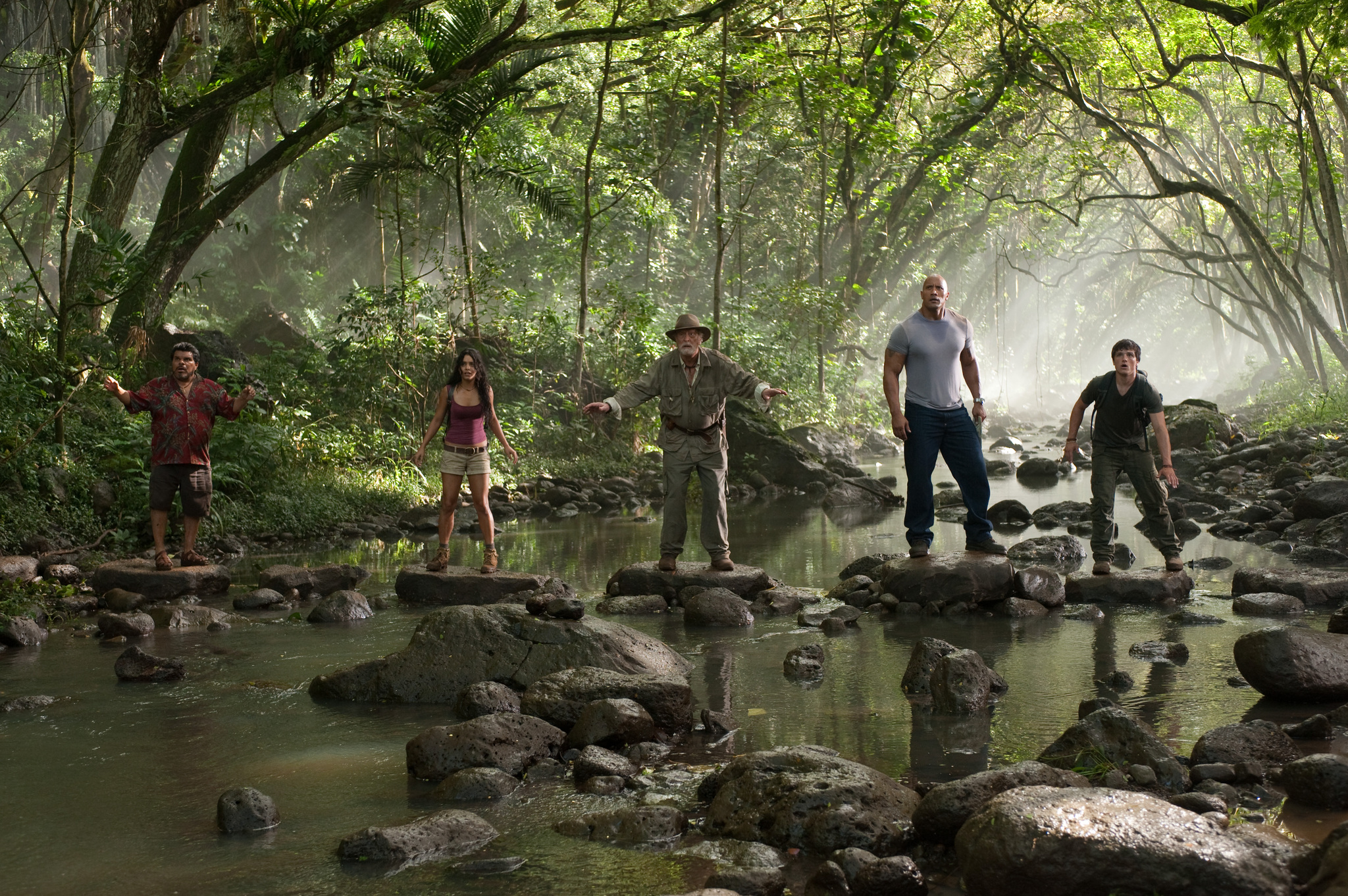 Michael Caine, Luis Guzmán, Dwayne Johnson, Vanessa Hudgens, and Josh Hutcherson in Journey 2: The Mysterious Island (2012)