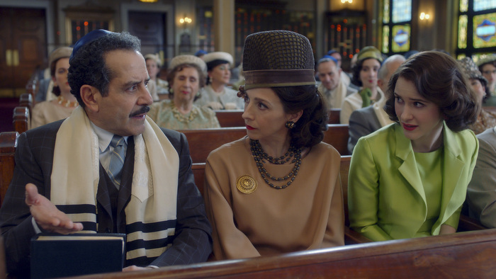 Tony Shalhoub, Marin Hinkle, and Rachel Brosnahan in Everything Is Bellmore (2022)