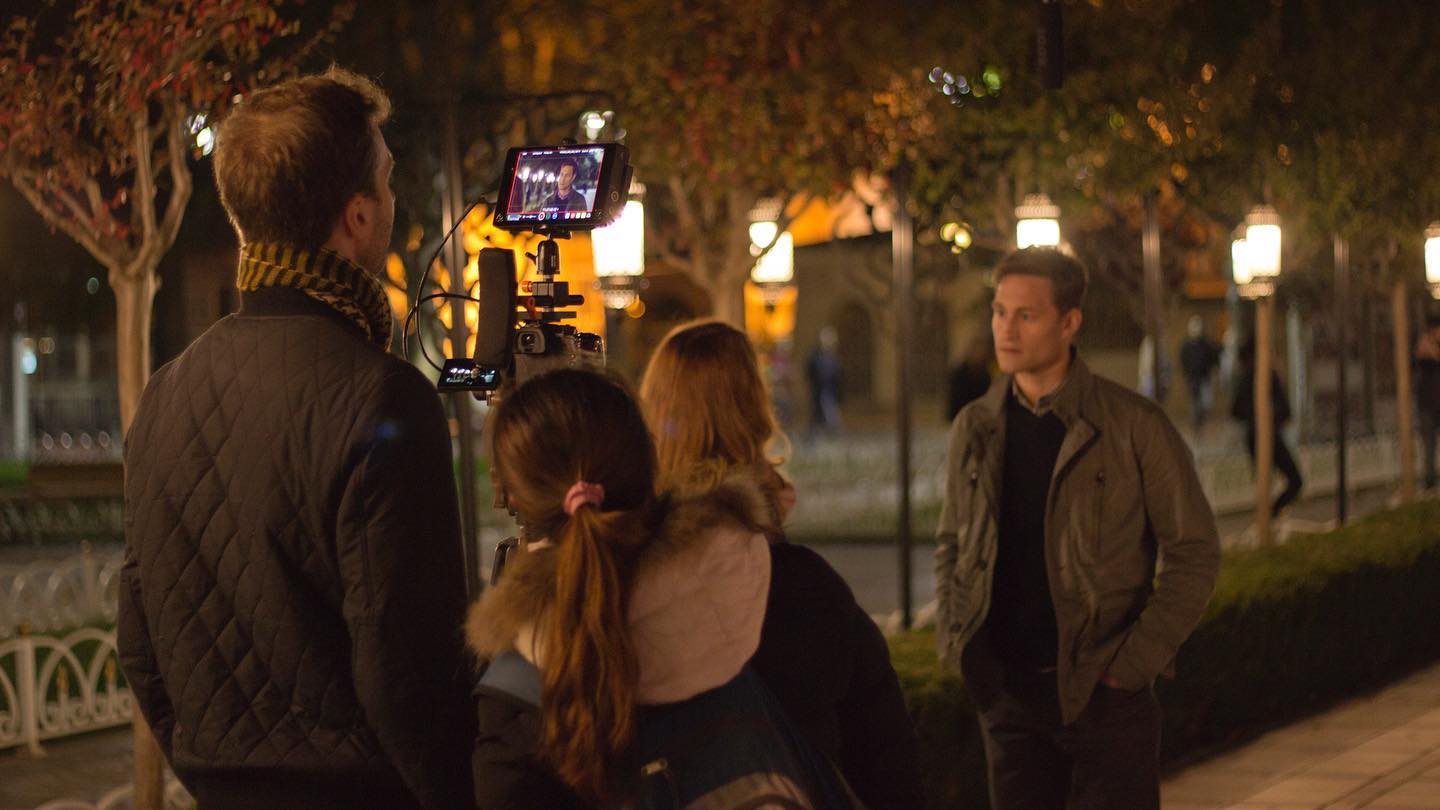 Brendan on set filming in front of The Hagia Sophia