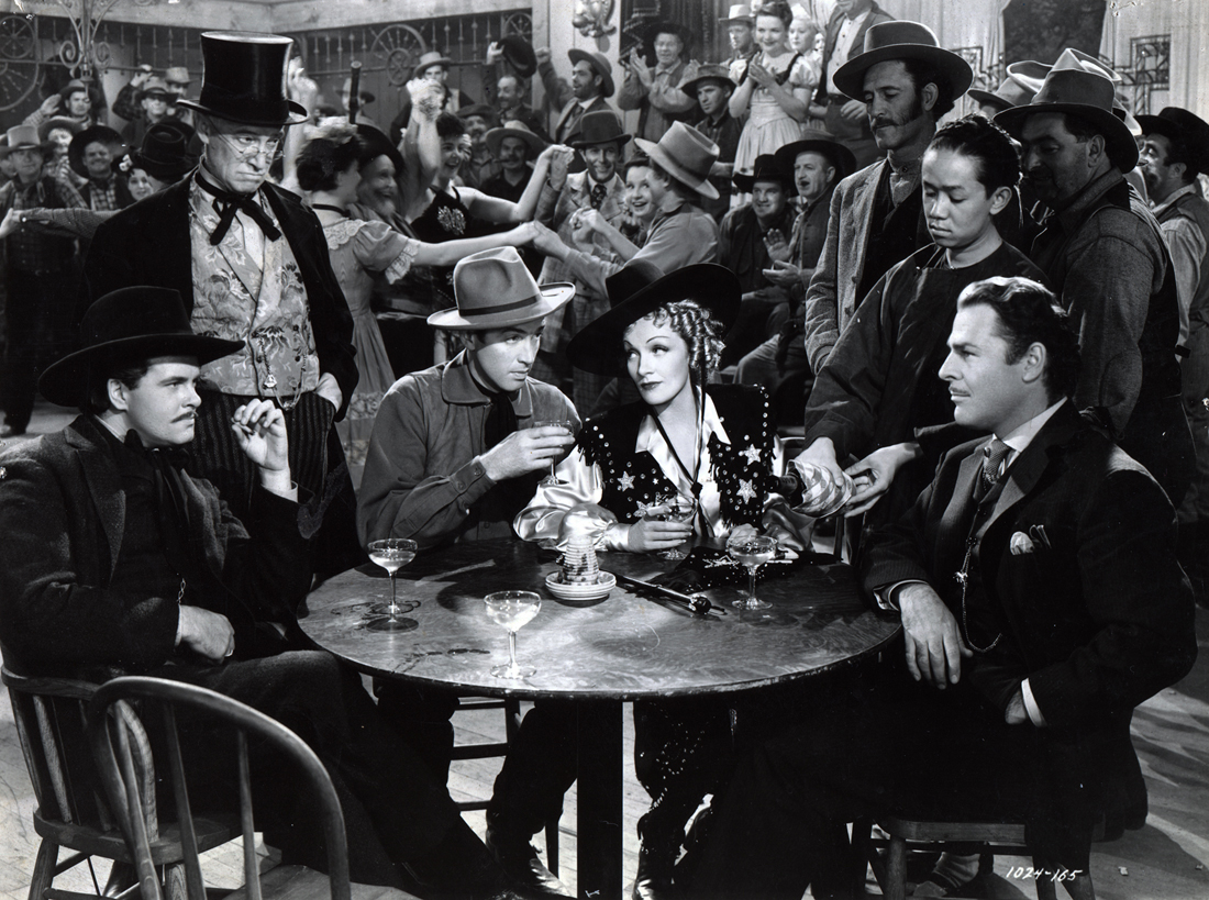 Marlene Dietrich, James Stewart, Brian Donlevy, Samuel S. Hinds, and Edmund MacDonald in Destry Rides Again (1939)