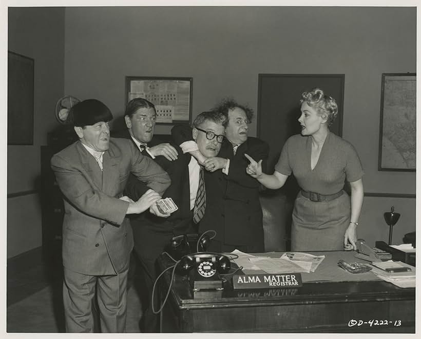 Moe Howard, Larry Fine, Shemp Howard, and Angela Stevens in Blunder Boys (1955)