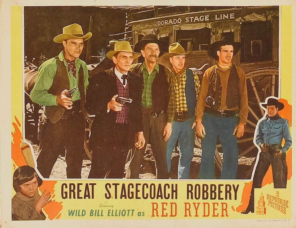 Hank Bell, Robert Blake, Bill Elliott, John James, Francis McDonald, Robert J. Wilke, and Henry Wills in Great Stagecoach Robbery (1945)