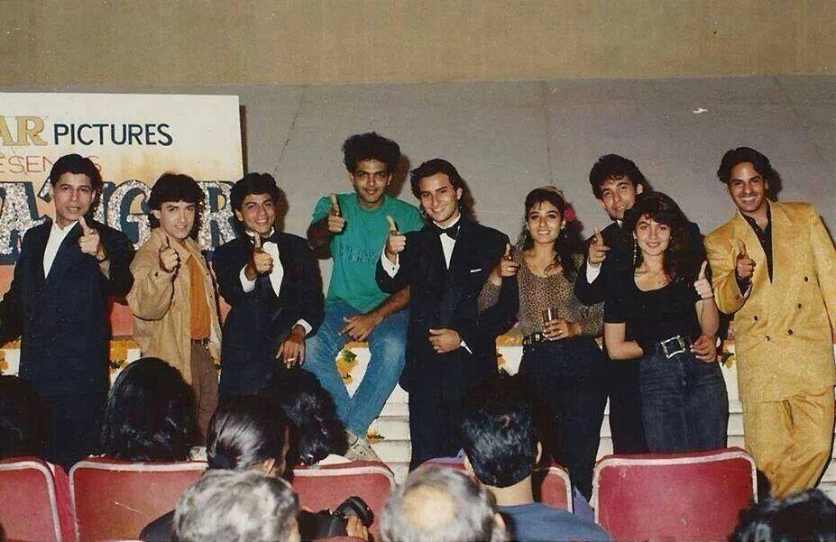 Sudesh Berry, Pooja Bhatt, Ashutosh Gowariker, Aamir Khan, Saif Ali Khan, Shah Rukh Khan, Rahul Roy, Raveena Tandon, and Deepak Tijori in Pehla Nasha (1993)