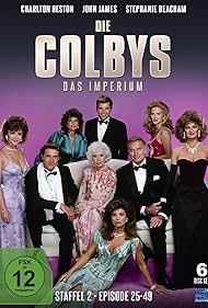 Charlton Heston, Stephanie Beacham, Maxwell Caulfield, Katharine Ross, Tracy Scoggins, Barbara Stanwyck, John James, Emma Samms, and Claire Yarlett in The Colbys (1985)