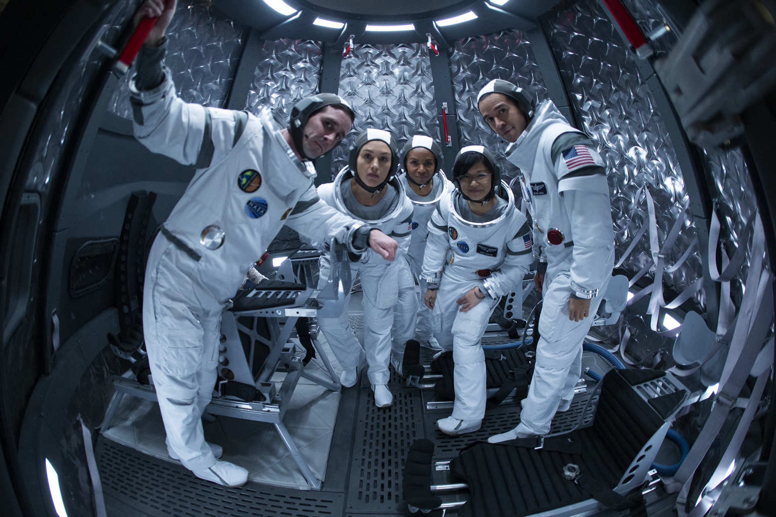 LisaGay Hamilton, Keiko Agena, James Ransone, Rey Lucas, and Hannah Ware in The First (2018)