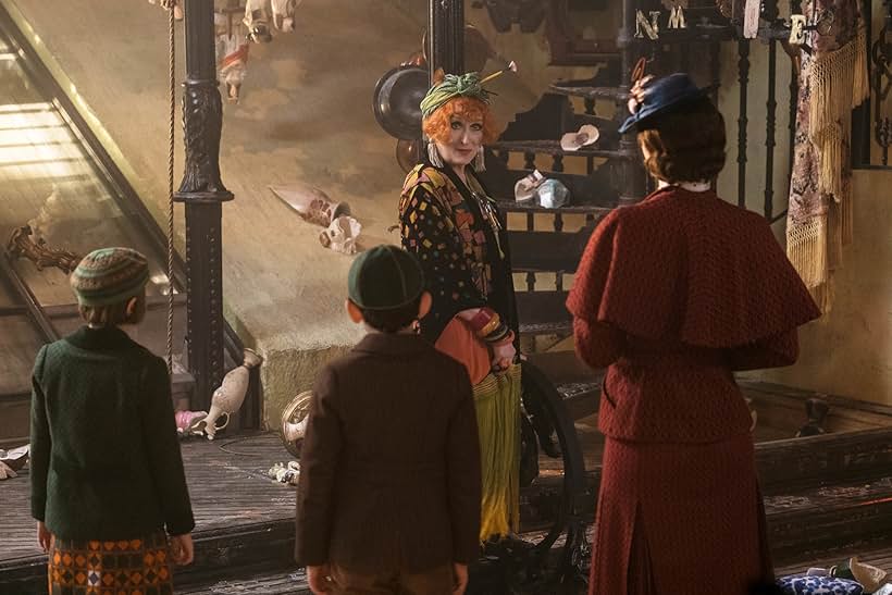 Meryl Streep, Emily Blunt, Pixie Davies, and Nathanael Saleh in Mary Poppins Returns (2018)