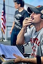 Director David Rountree watches the on-set monitor 