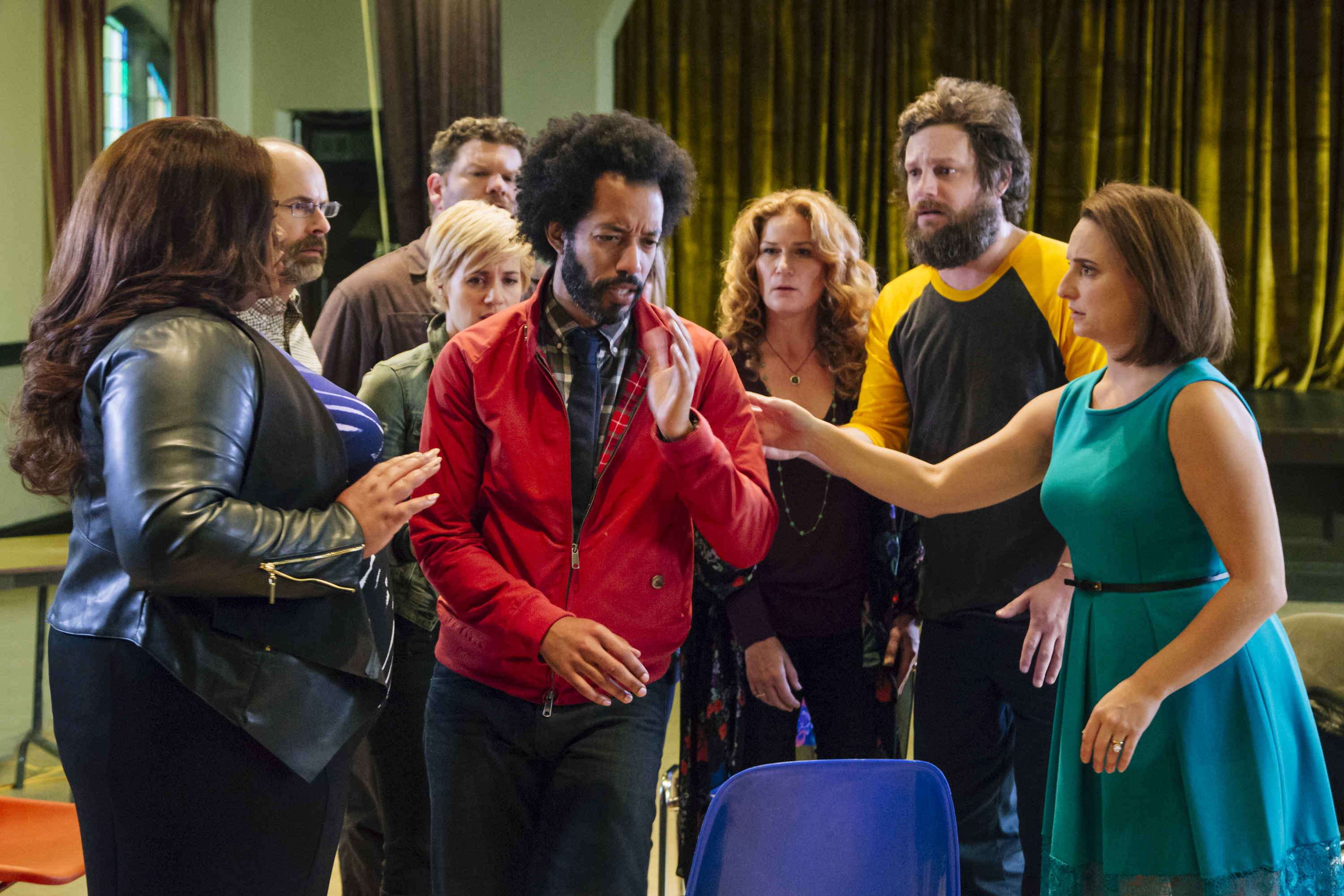 Ana Gasteyer, Daniel Stewart Sherman, Brian Huskey, Wyatt Cenac, Tracee Chimo Pallero, Alice Wetterlund, Luka Jones, and Da'Vine Joy Randolph in People of Earth (2016)