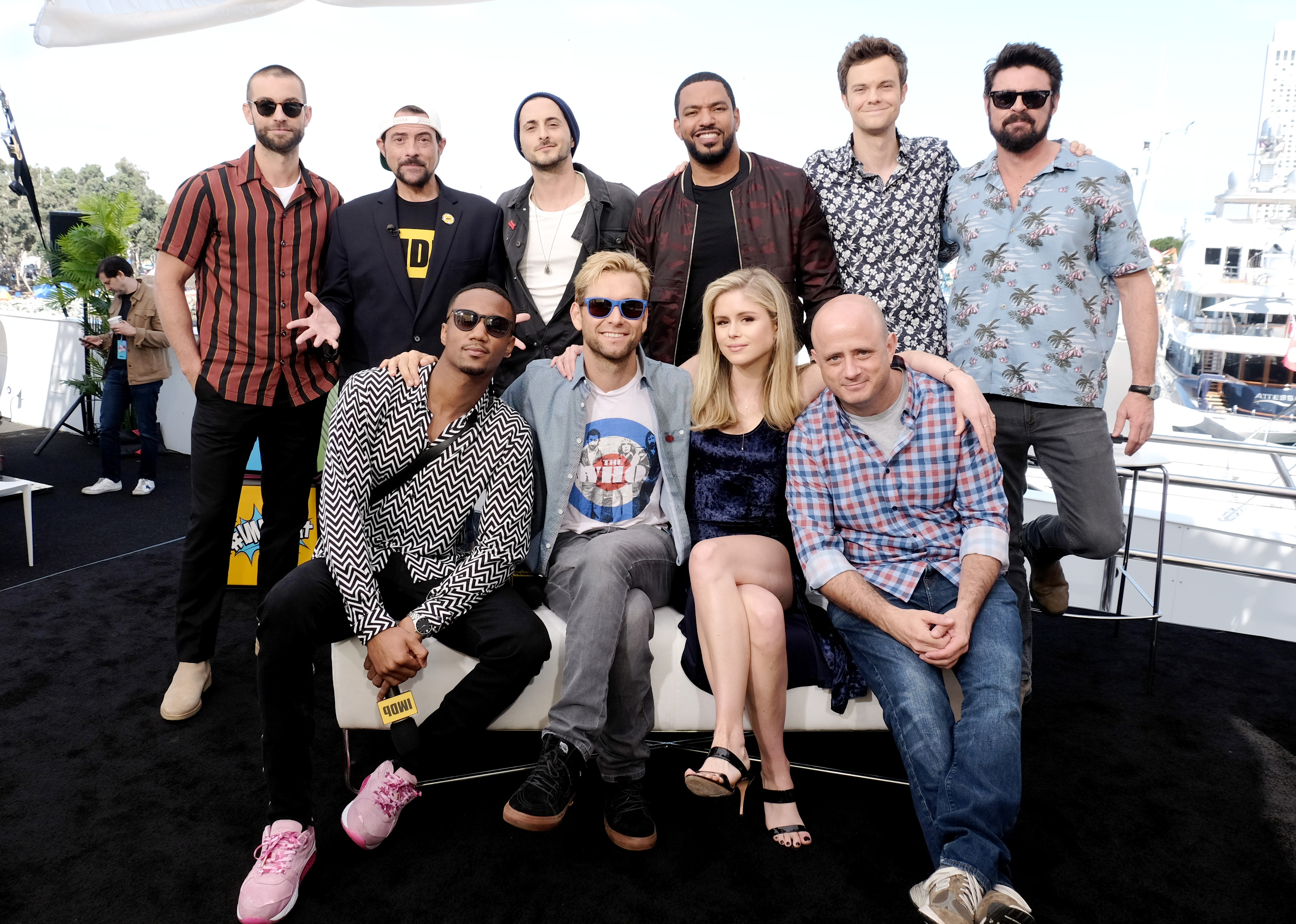 Kevin Smith, Laz Alonso, Eric Kripke, Karl Urban, Antony Starr, Jessie T. Usher, Chace Crawford, Erin Moriarty, Jack Quaid, and Tomer Capone at an event for The Boys (2019)