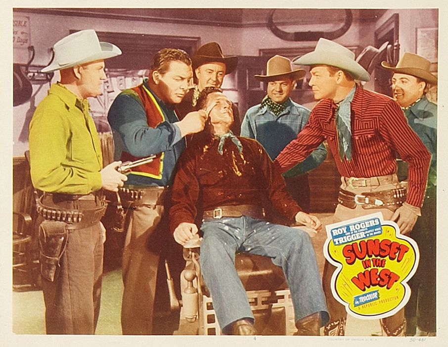 Roy Rogers, George Bamby, Gordon Jones, Darol Rice, Riders of the Purple Sage, Al Sloey, and Foy Willing in Sunset in the West (1950)