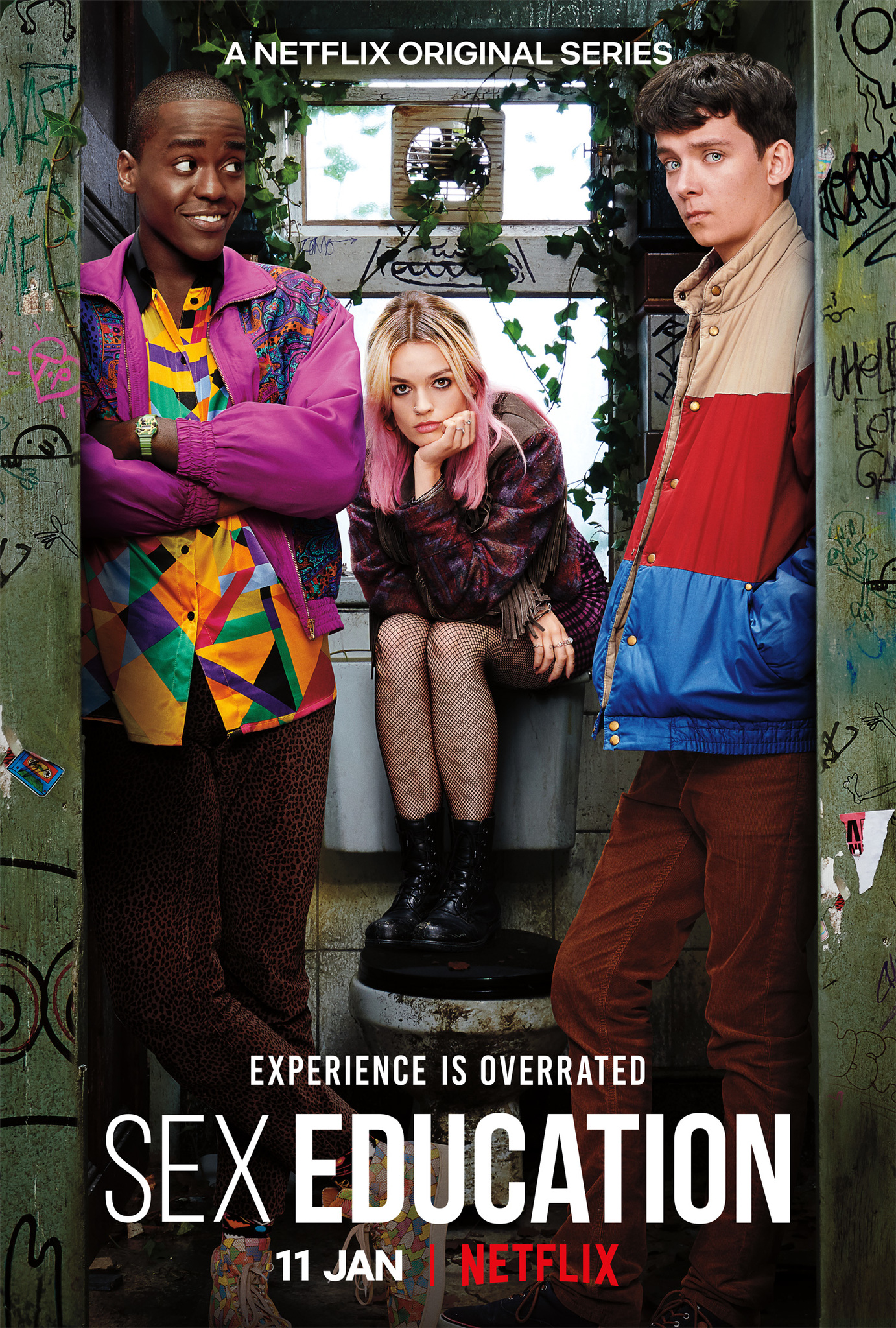 Asa Butterfield, Ncuti Gatwa, and Emma Mackey in Sex Education (2019)