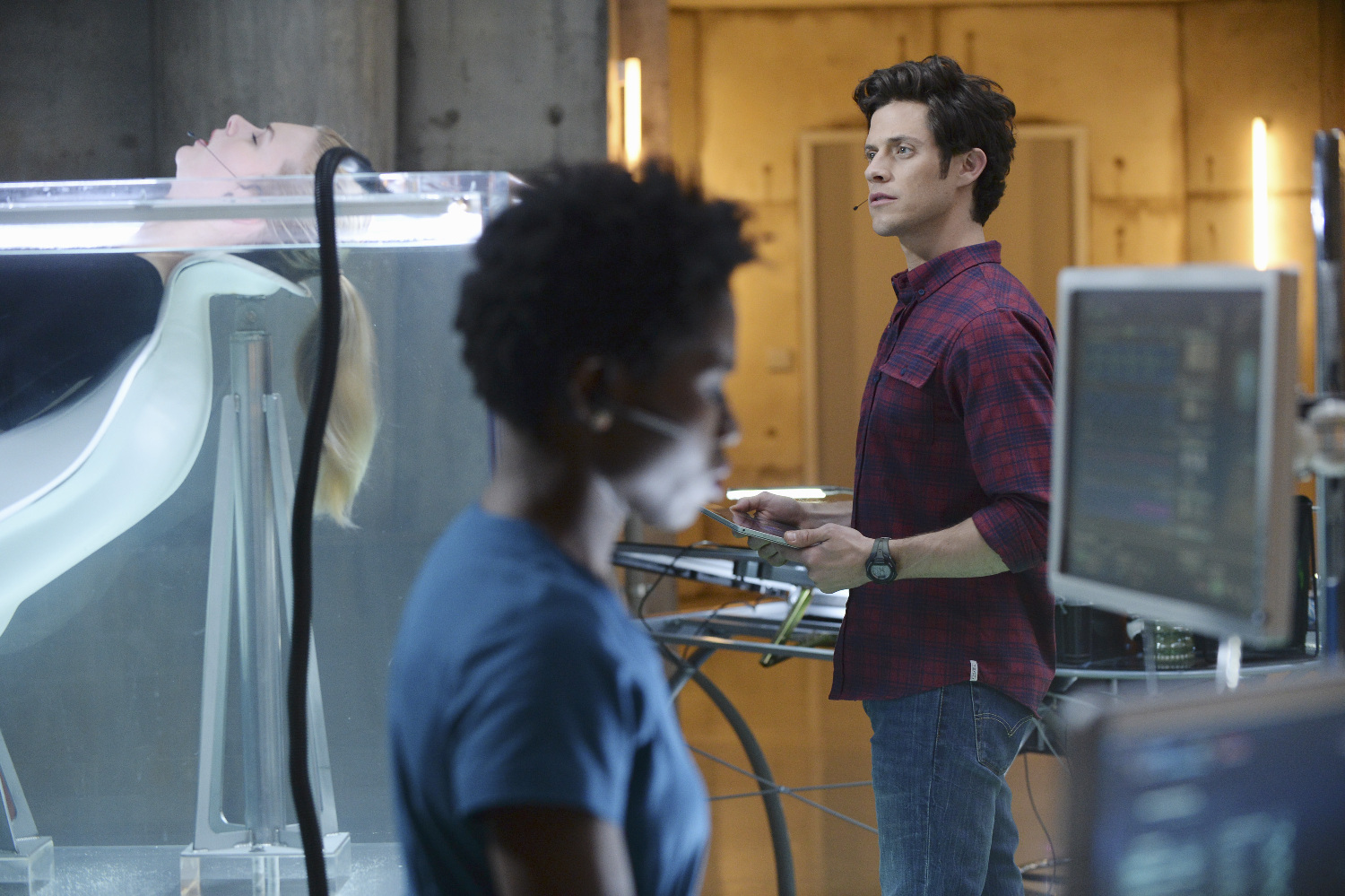 Sola Bamis, Kyle Harris, and Emma Ishta in Stitchers (2015)