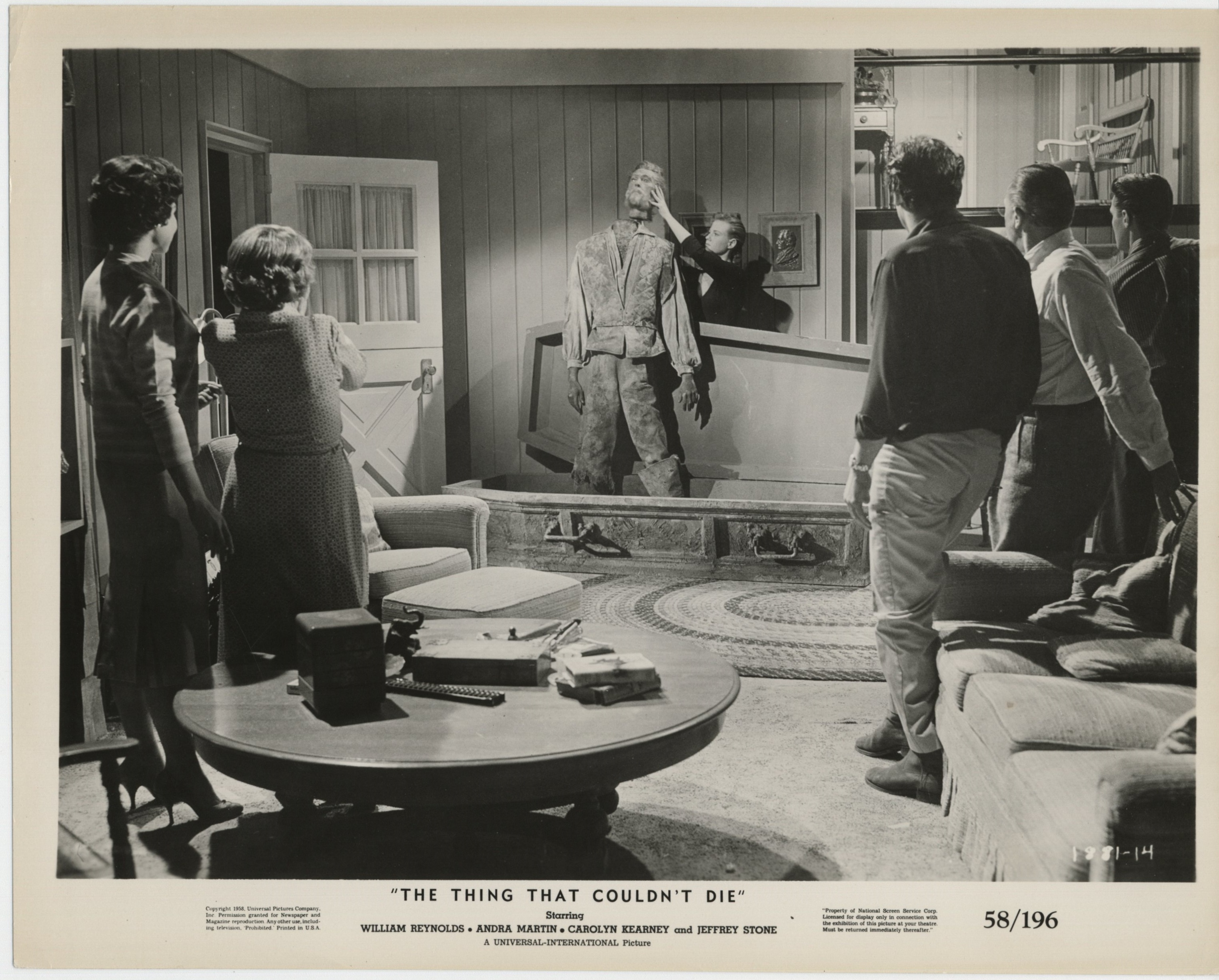 Peggy Converse, Jeffrey Stone, Robin Hughes, Carolyn Kearney, Forrest Lewis, Andra Martin, and William Reynolds in The Thing That Couldn't Die (1958)