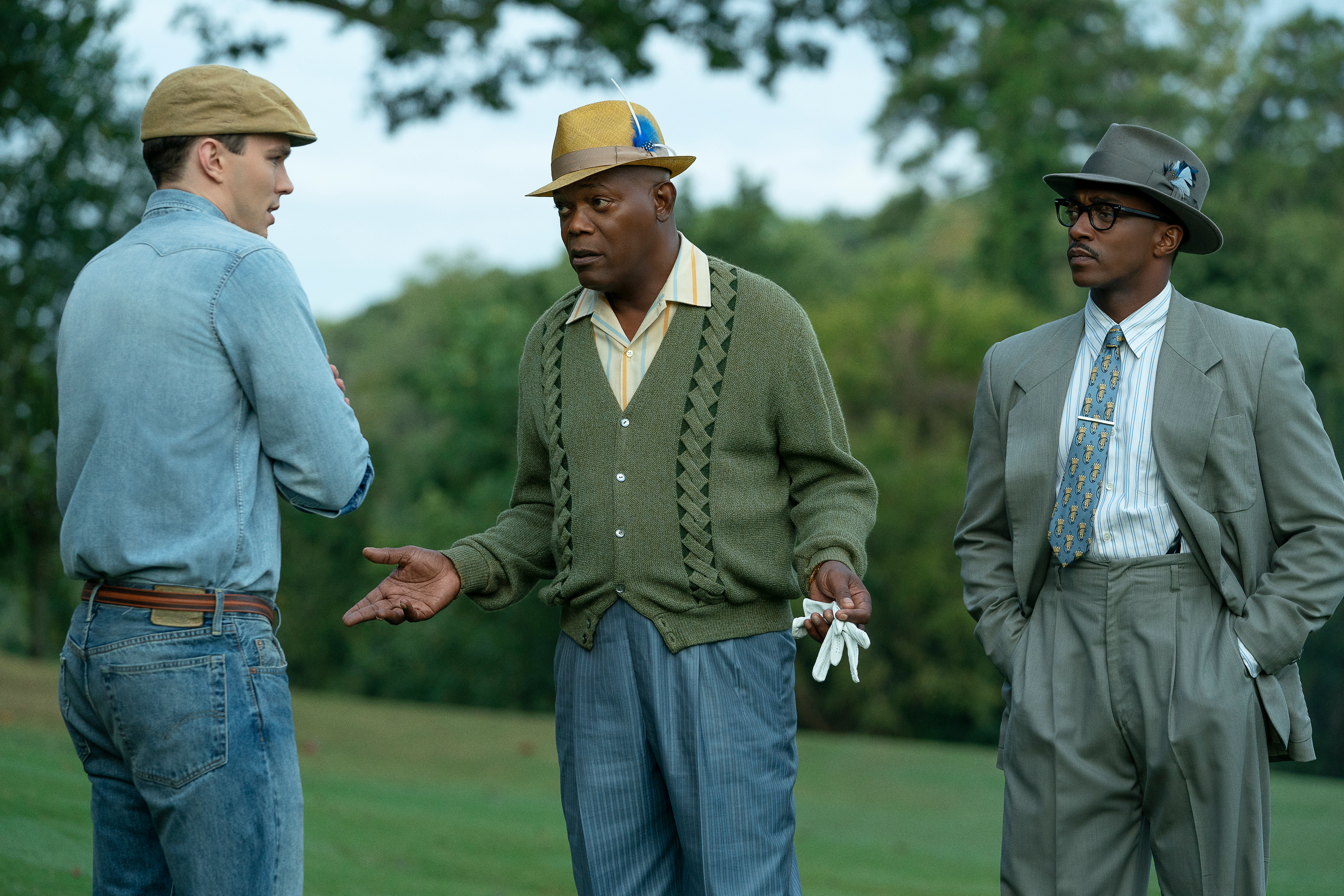 Samuel L. Jackson, Nicholas Hoult, and Anthony Mackie in The Banker (2020)