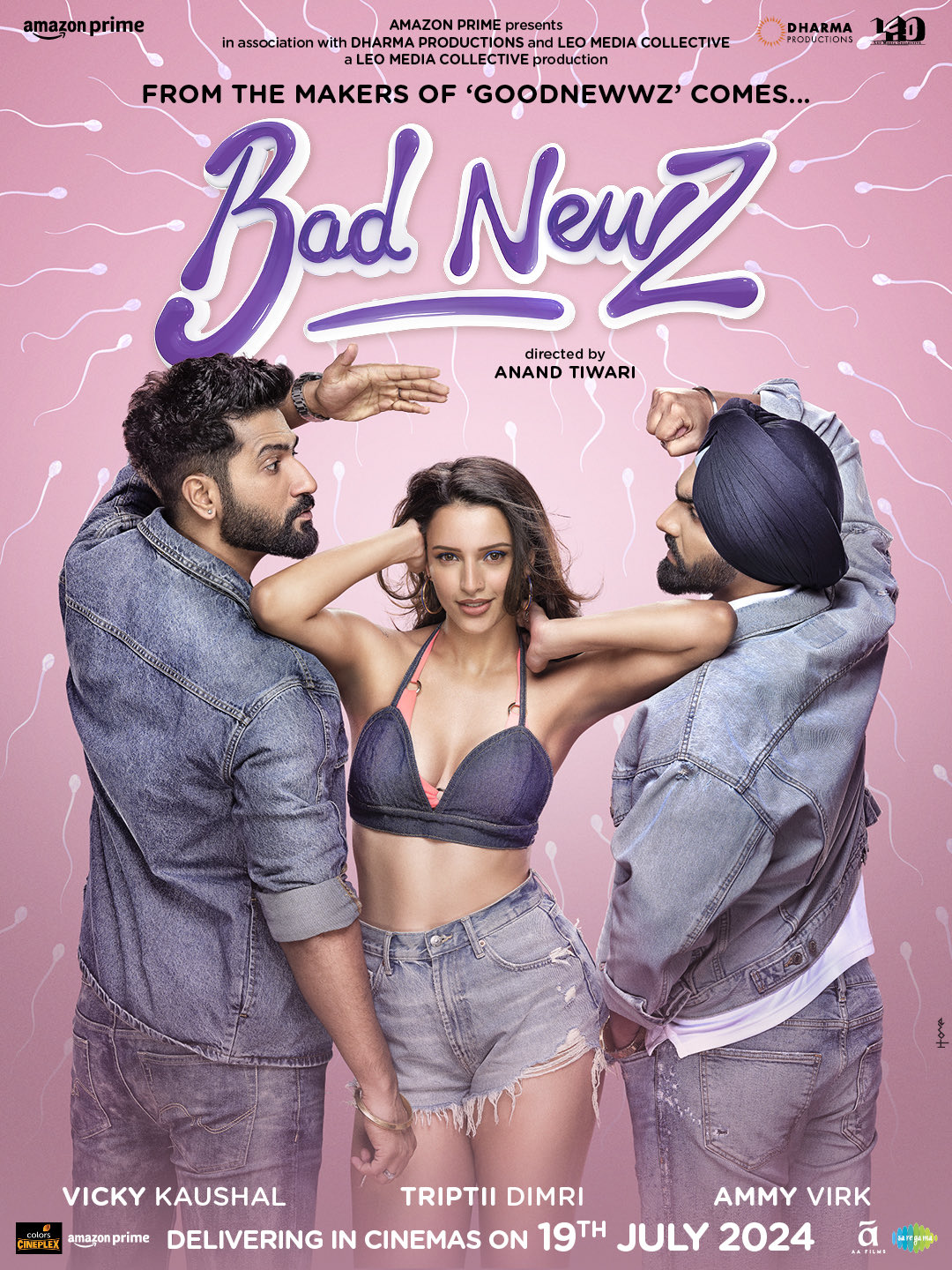 Vicky Kaushal, Ammy Virk, and Triptii Dimri in Bad Newz (2024)