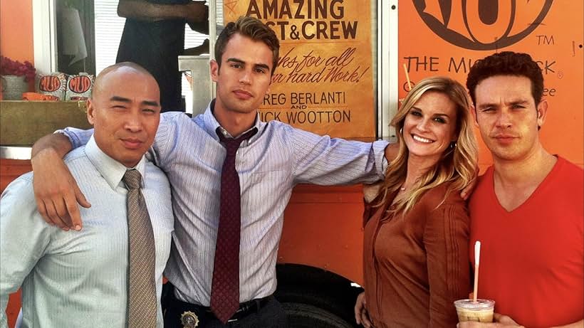 Ron Yuan, Theo James, Bonnie Somerville, Kevin Alejandro  on a coffee break btwn shots on the set of “Golden Boy”