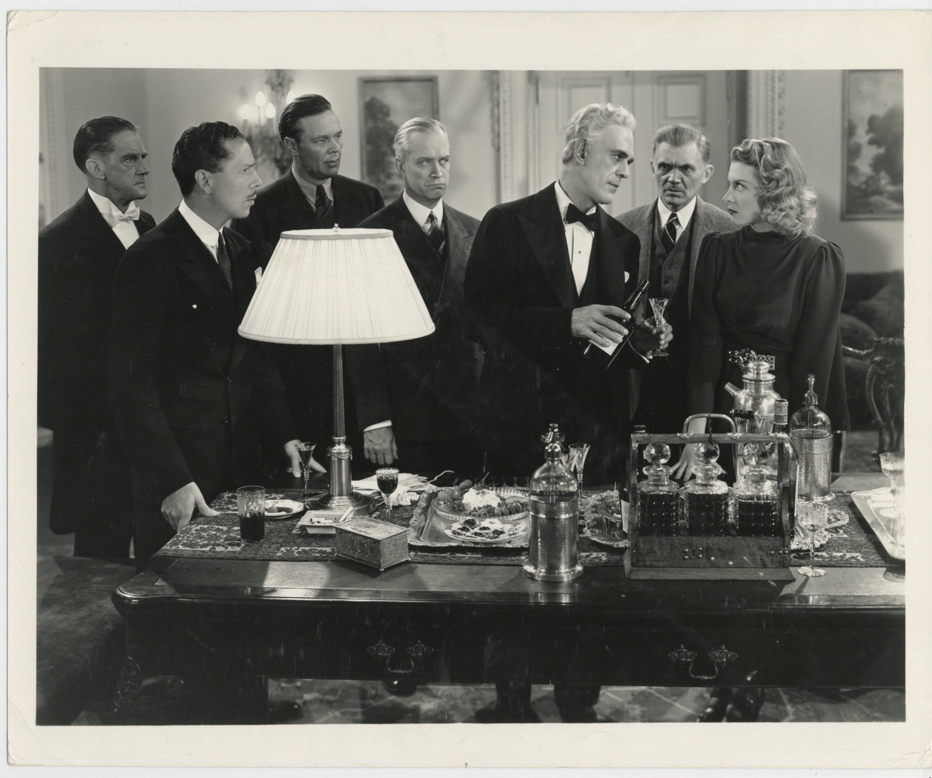 Boris Karloff, Dick Curtis, Joe De Stefani, Ann Doran, Roger Pryor, Cyril Thornton, and Charles Trowbridge in The Man They Could Not Hang (1939)