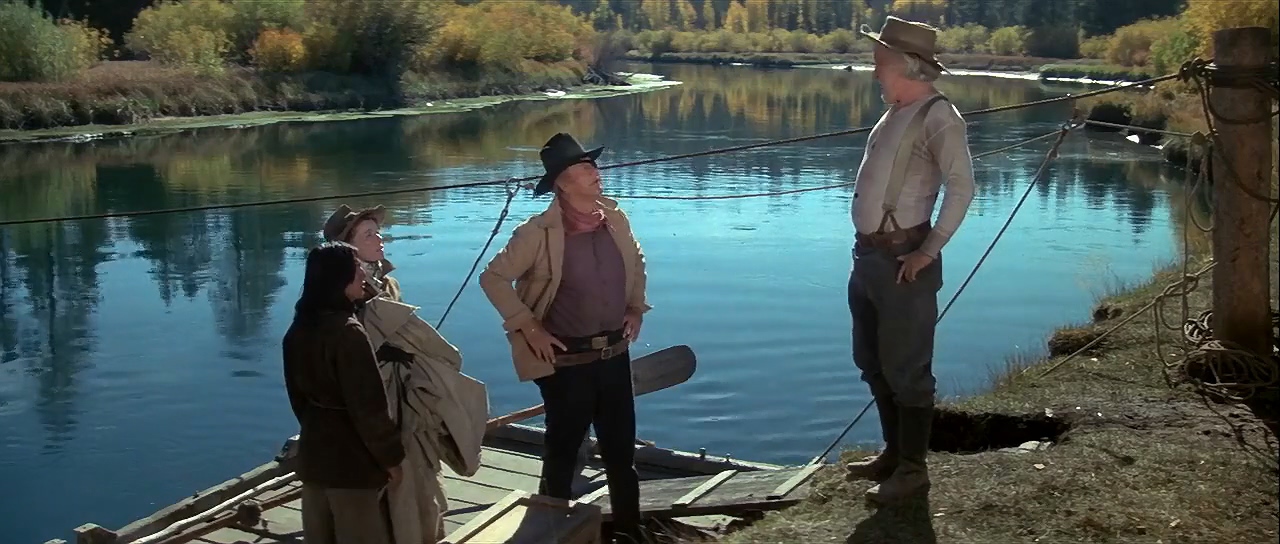 Katharine Hepburn, John Wayne, Strother Martin, and Richard Romancito in Rooster Cogburn (1975)