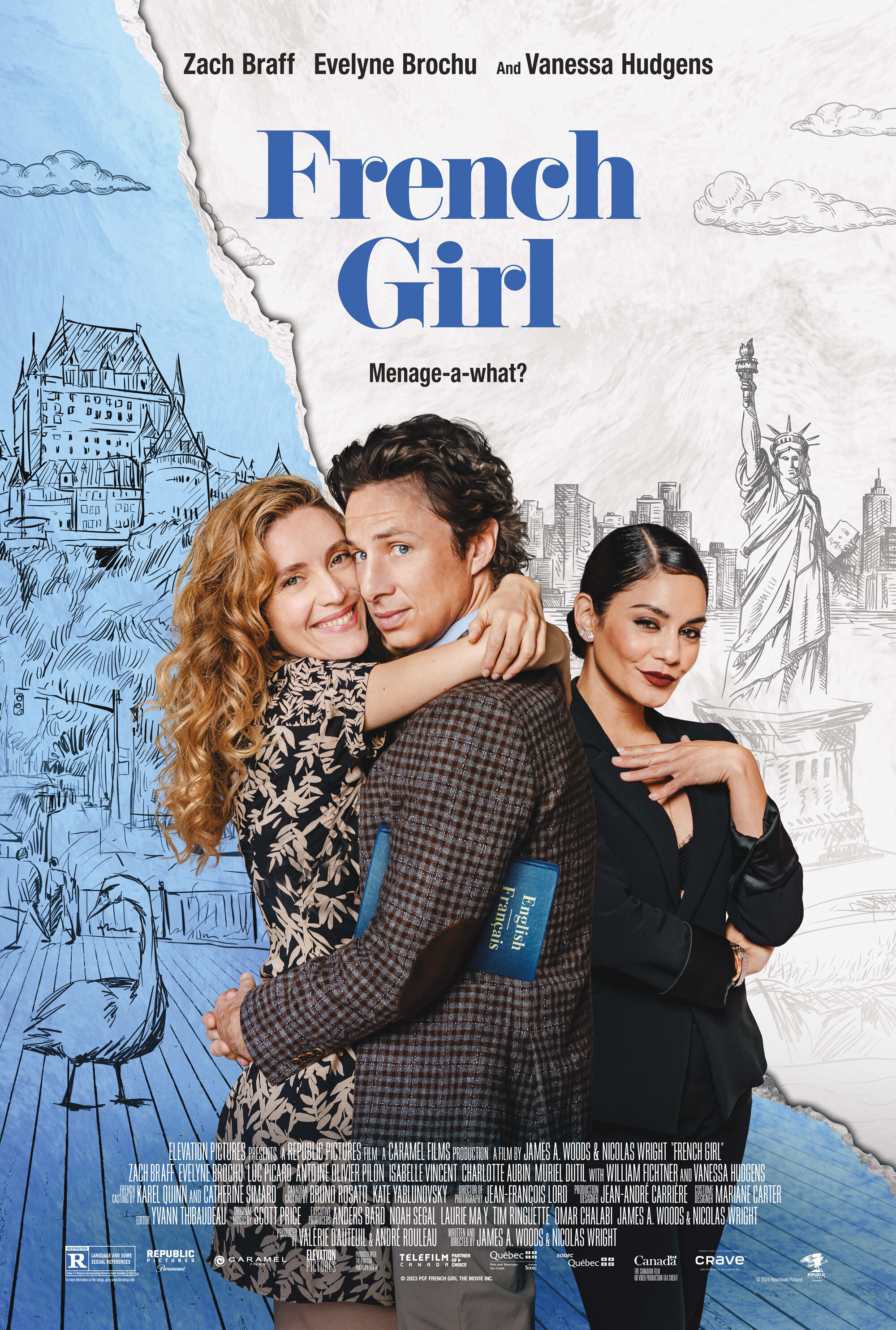 Zach Braff, Vanessa Hudgens, and Evelyne Brochu in French Girl (2024)