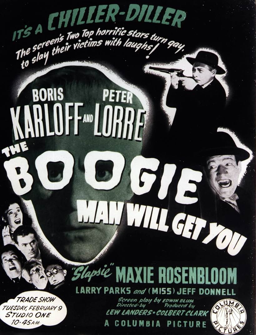 Peter Lorre, Boris Karloff, Don Beddoe, Jeff Donnell, Larry Parks, and Maxie Rosenbloom in The Boogie Man Will Get You (1942)