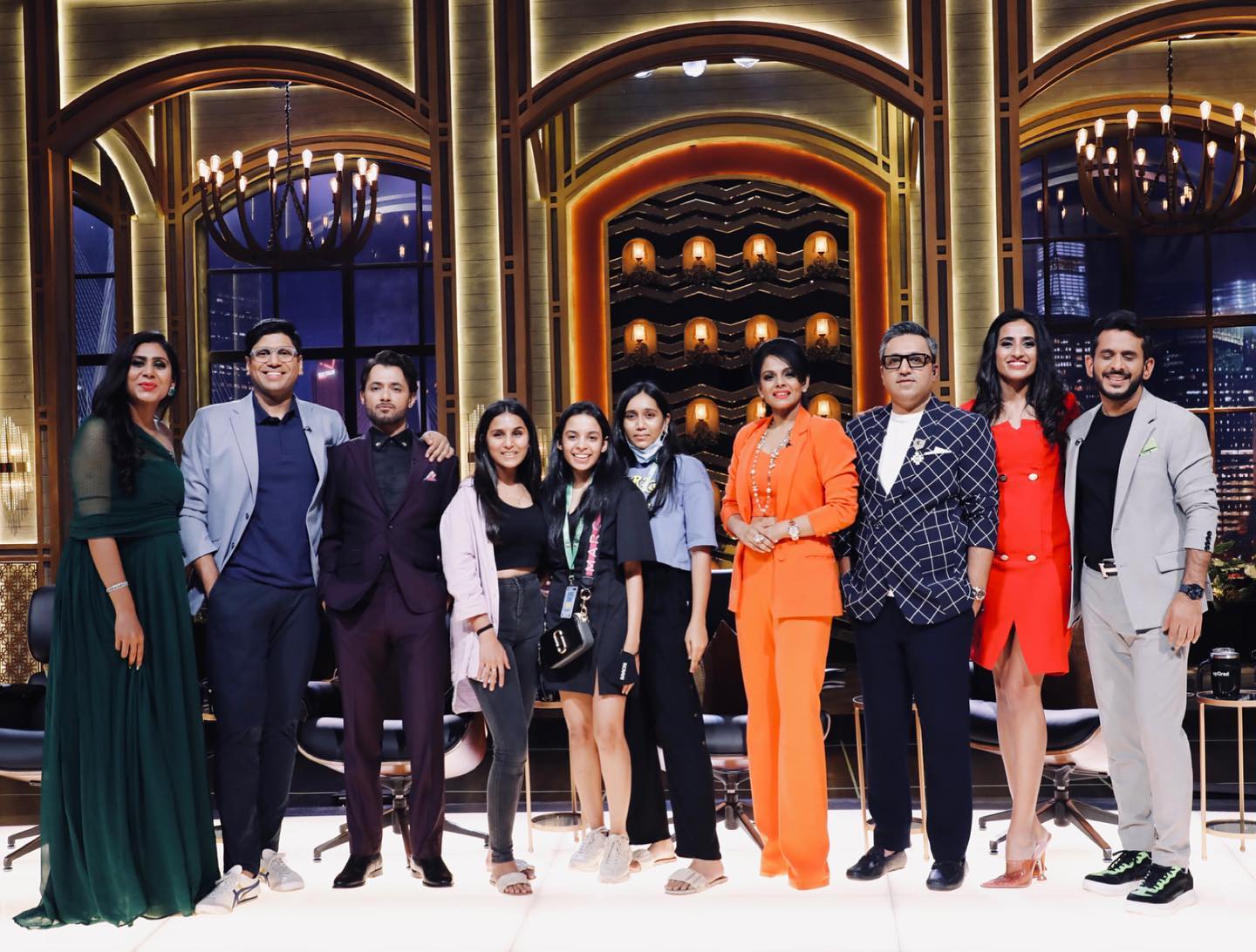 Aman Gupta, Ashneer Grover, Vineeta Singh, Namita Thapar, Peyush Bansal, Ghazal Alagh, and Anupam Mittal in Shark Tank India (2021)