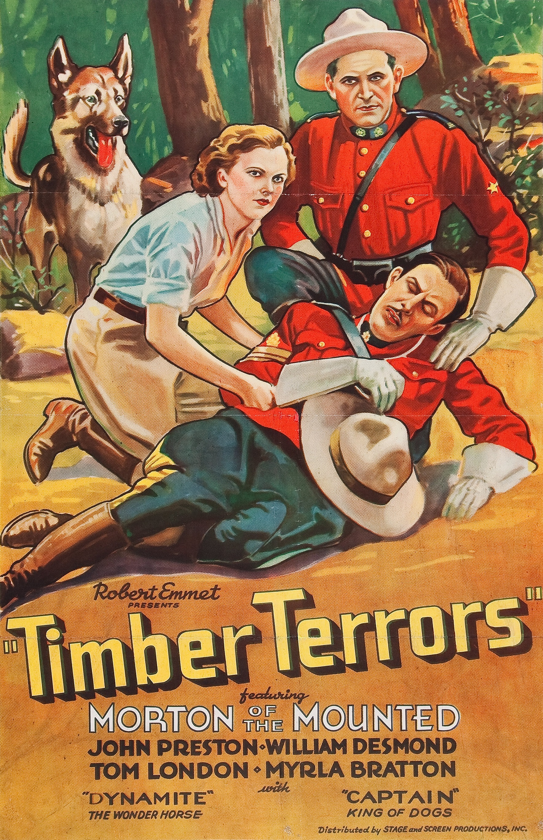 Myrla Bratton, John Preston, and Captain King of Dogs in Timber Terrors (1935)