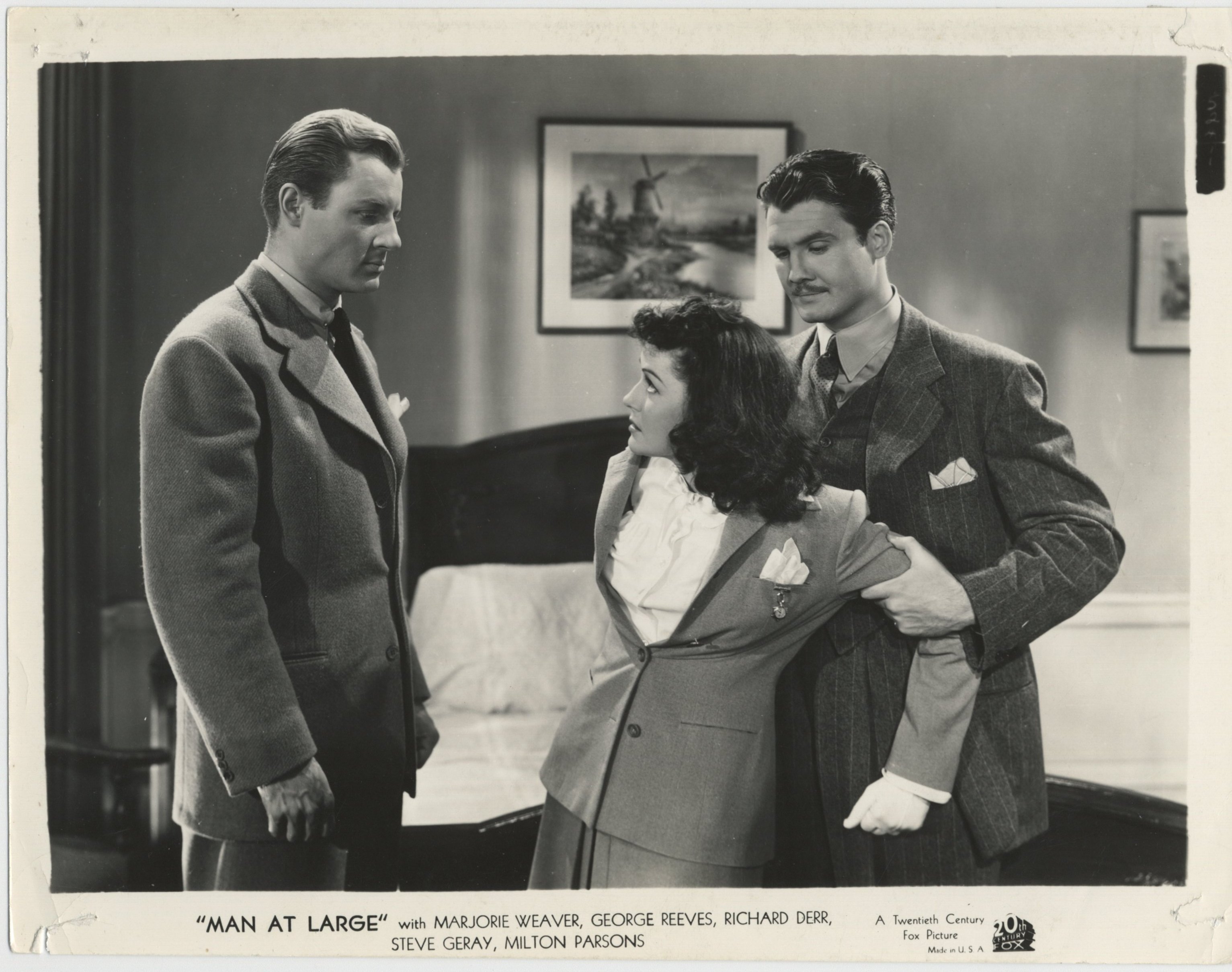 George Reeves, Richard Derr, and Marjorie Weaver in Man at Large (1941)