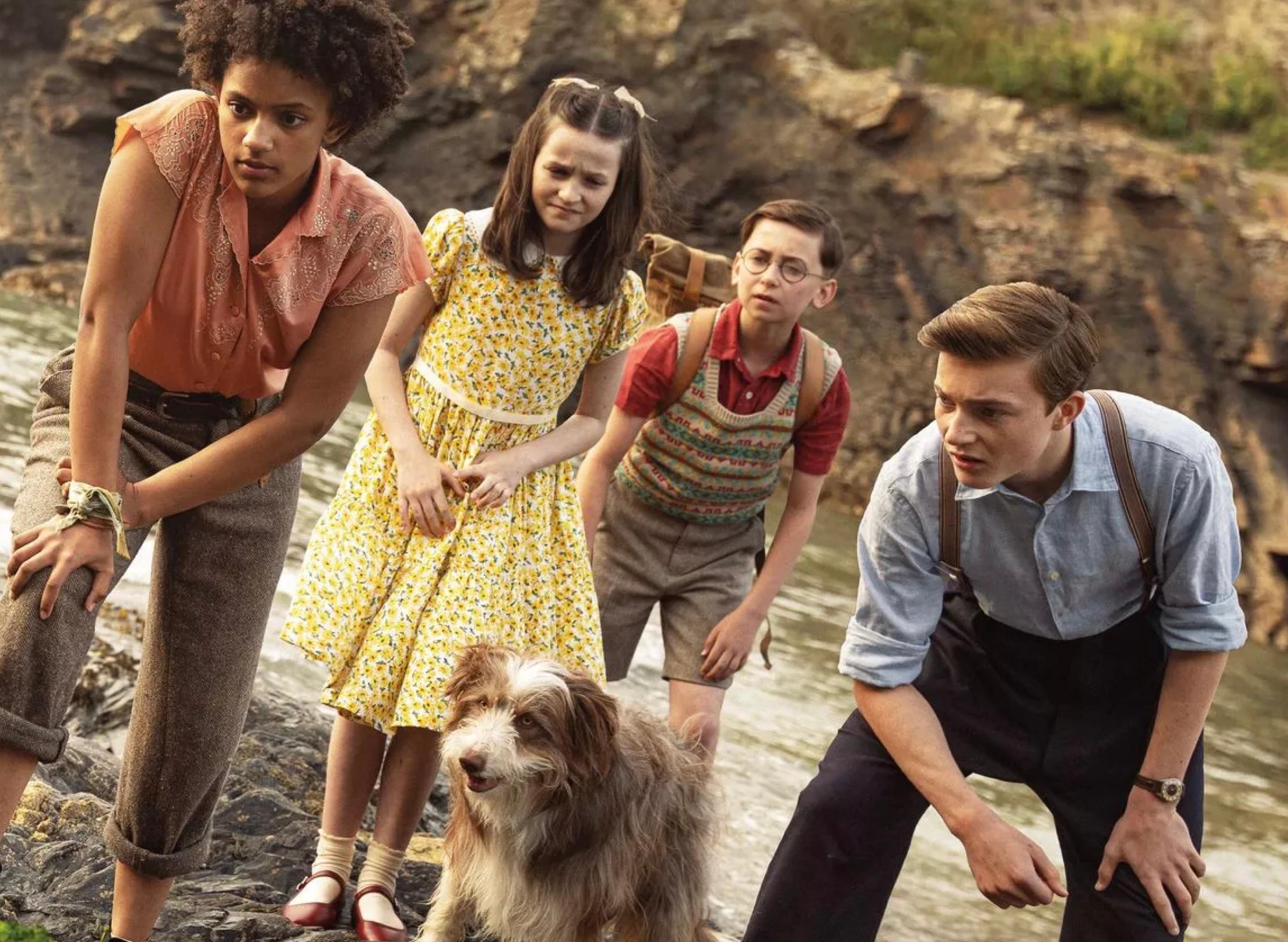 Diaana Babnicova, Kit Rakusen, Elliott Rose, Flora Jacoby Richardson, and Kip in The Famous Five (2023)