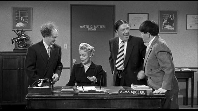 Moe Howard, Larry Fine, Shemp Howard, and Angela Stevens in Blunder Boys (1955)