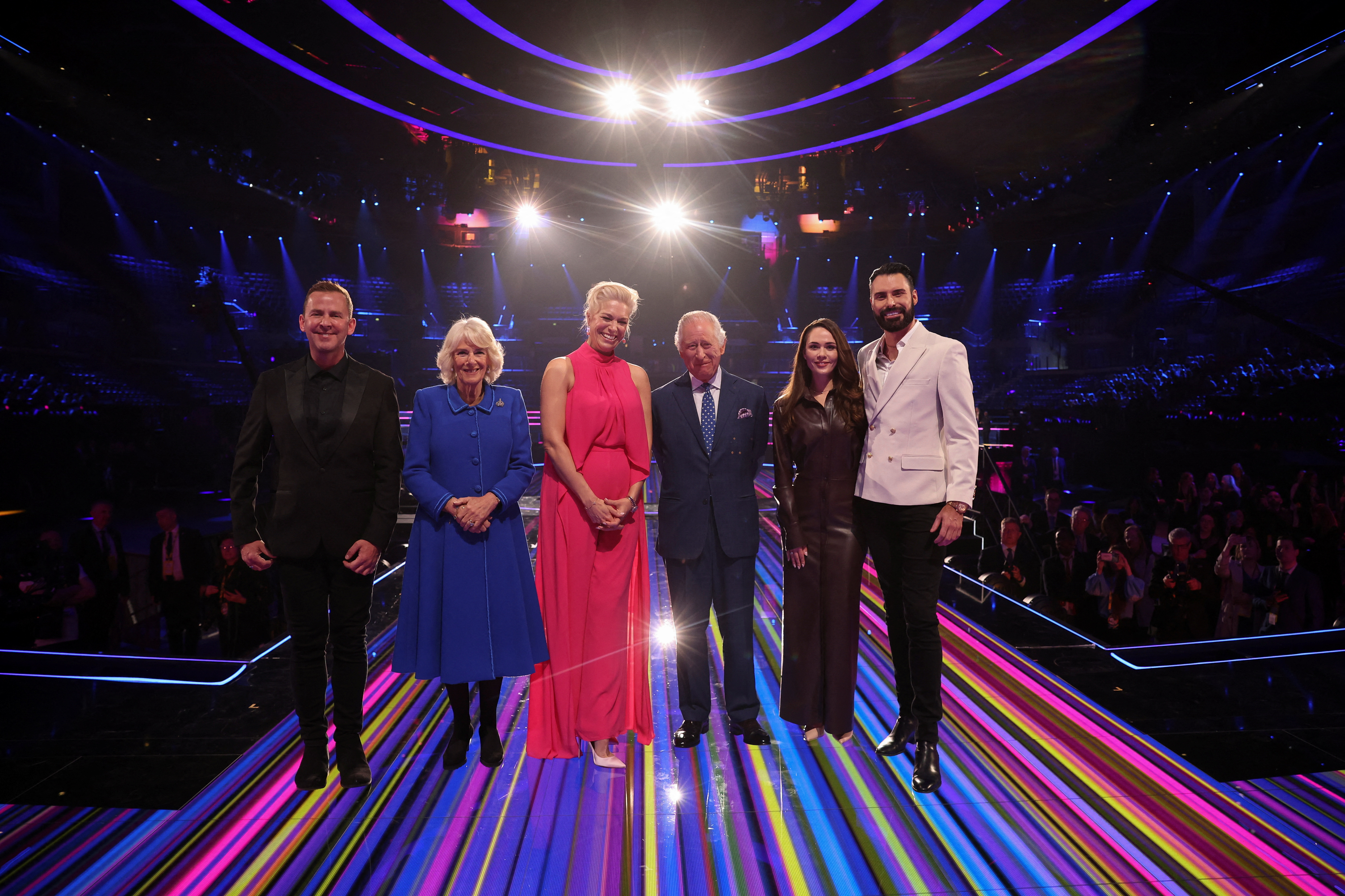 King Charles III, Queen Camilla, Julia Sanina, Scott Mills, Hannah Waddingham, and Rylan Clark