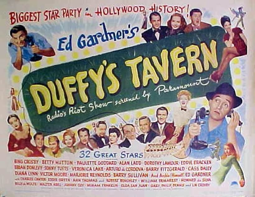 Alan Ladd, Veronica Lake, Bing Crosby, Brian Donlevy, Paulette Goddard, Betty Hutton, Eddie Bracken, Arturo de Córdova, Cass Daley, Barry Fitzgerald, Ed Gardner, Dorothy Lamour, Diana Lynn, Victor Moore, Marjorie Reynolds, Barry Sullivan, and Sonny Tufts in Duffy's Tavern (1945)