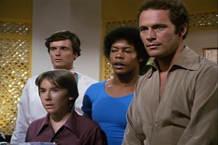 Carl Franklin, Ike Eisenmann, Nicholas Hammond, and Jared Martin in The Fantastic Journey (1977)