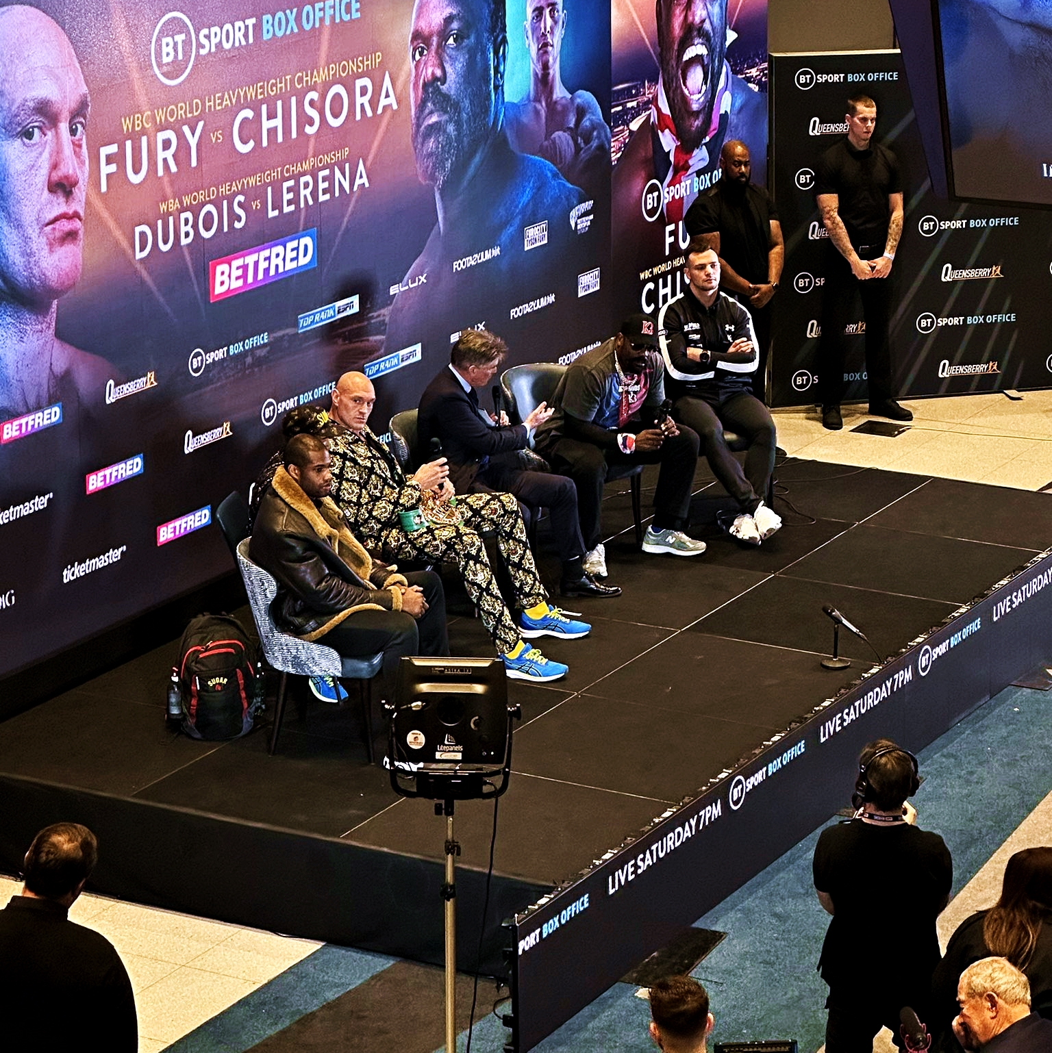 Bob Arum, Daniel Dubois, Kevin Lerena, Tyson Fury, Dereck Chisora, and Paul Dempsey in Tyson Fury vs. Dereck Chisora III: Final Press Conference (2022)