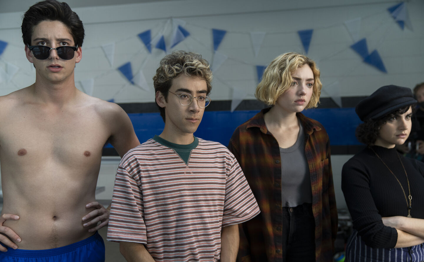 Peyton List, Milo Manheim, Sarah Yarkin, and Nick Pugliese in School Spirits (2023)