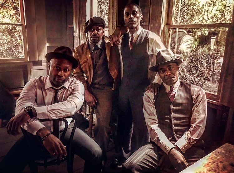 Anslem Richardson, Malcolm Barrett, Kamahl Naiqui, and Paterson Joseph on the set of Timeless and The King of the Delta Blues